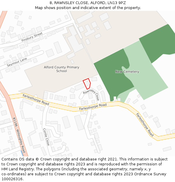 8, RAWNSLEY CLOSE, ALFORD, LN13 9PZ: Location map and indicative extent of plot