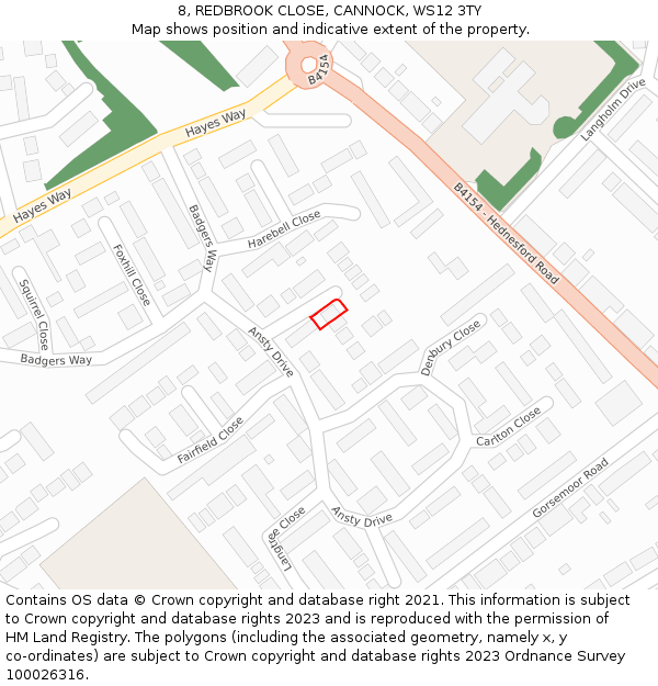 8, REDBROOK CLOSE, CANNOCK, WS12 3TY: Location map and indicative extent of plot