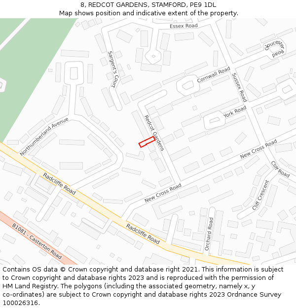 8, REDCOT GARDENS, STAMFORD, PE9 1DL: Location map and indicative extent of plot