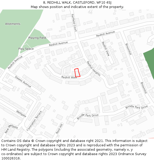 8, REDHILL WALK, CASTLEFORD, WF10 4SJ: Location map and indicative extent of plot