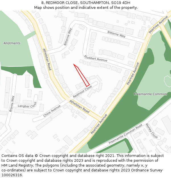 8, REDMOOR CLOSE, SOUTHAMPTON, SO19 4DH: Location map and indicative extent of plot