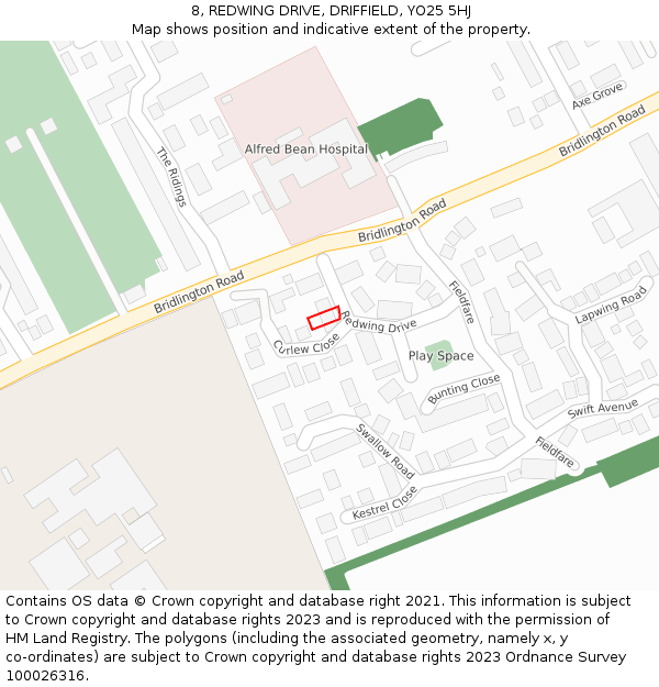 8, REDWING DRIVE, DRIFFIELD, YO25 5HJ: Location map and indicative extent of plot