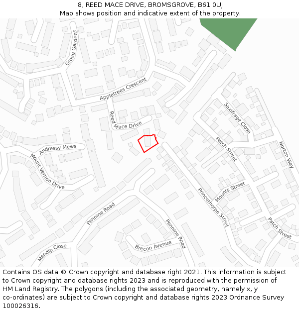 8, REED MACE DRIVE, BROMSGROVE, B61 0UJ: Location map and indicative extent of plot