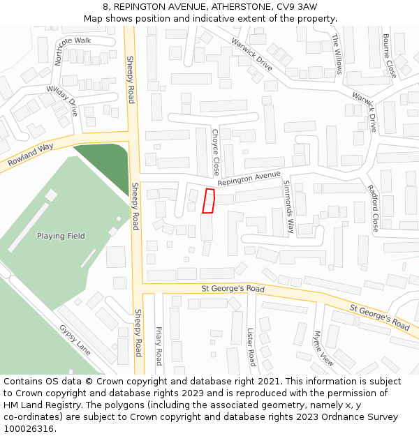 8, REPINGTON AVENUE, ATHERSTONE, CV9 3AW: Location map and indicative extent of plot