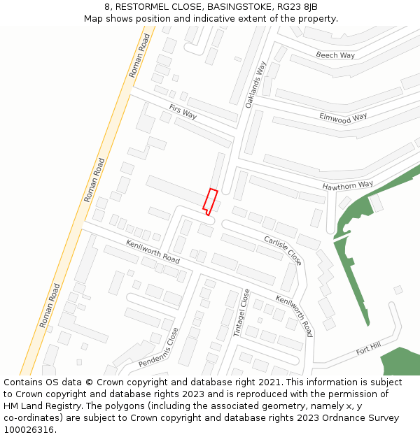 8, RESTORMEL CLOSE, BASINGSTOKE, RG23 8JB: Location map and indicative extent of plot