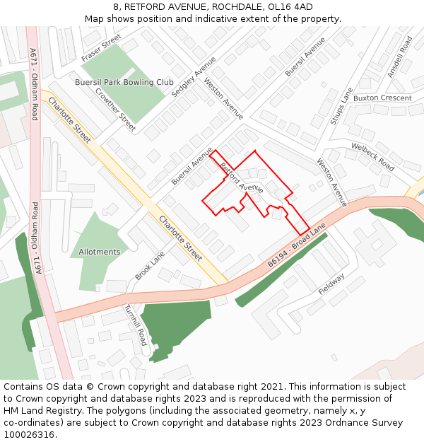 8, RETFORD AVENUE, ROCHDALE, OL16 4AD: Location map and indicative extent of plot
