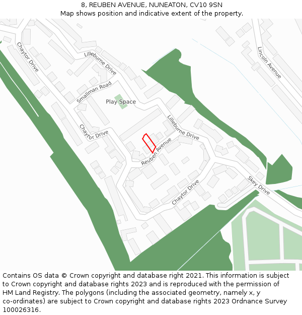 8, REUBEN AVENUE, NUNEATON, CV10 9SN: Location map and indicative extent of plot