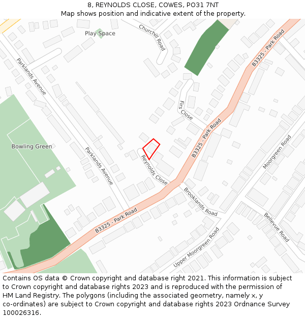 8, REYNOLDS CLOSE, COWES, PO31 7NT: Location map and indicative extent of plot