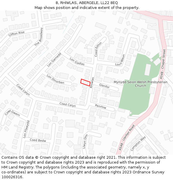 8, RHIWLAS, ABERGELE, LL22 8EQ: Location map and indicative extent of plot