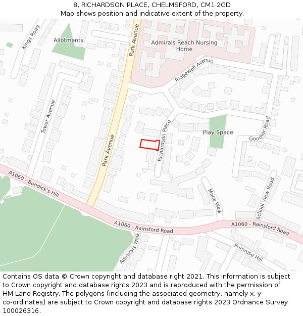 8, RICHARDSON PLACE, CHELMSFORD, CM1 2GD: Location map and indicative extent of plot