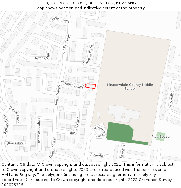 8, RICHMOND CLOSE, BEDLINGTON, NE22 6NG: Location map and indicative extent of plot