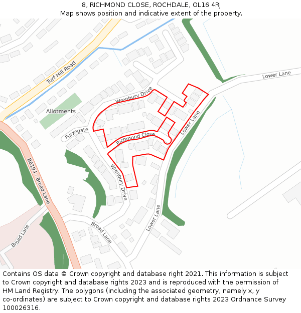 8, RICHMOND CLOSE, ROCHDALE, OL16 4RJ: Location map and indicative extent of plot