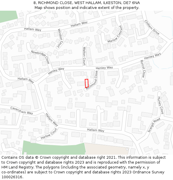 8, RICHMOND CLOSE, WEST HALLAM, ILKESTON, DE7 6NA: Location map and indicative extent of plot