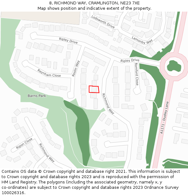 8, RICHMOND WAY, CRAMLINGTON, NE23 7XE: Location map and indicative extent of plot