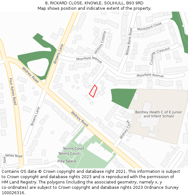 8, RICKARD CLOSE, KNOWLE, SOLIHULL, B93 9RD: Location map and indicative extent of plot