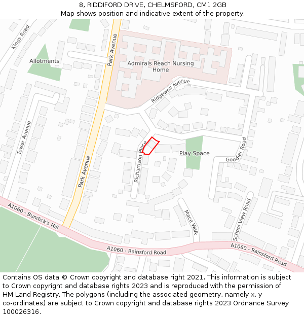 8, RIDDIFORD DRIVE, CHELMSFORD, CM1 2GB: Location map and indicative extent of plot