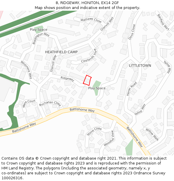 8, RIDGEWAY, HONITON, EX14 2GF: Location map and indicative extent of plot