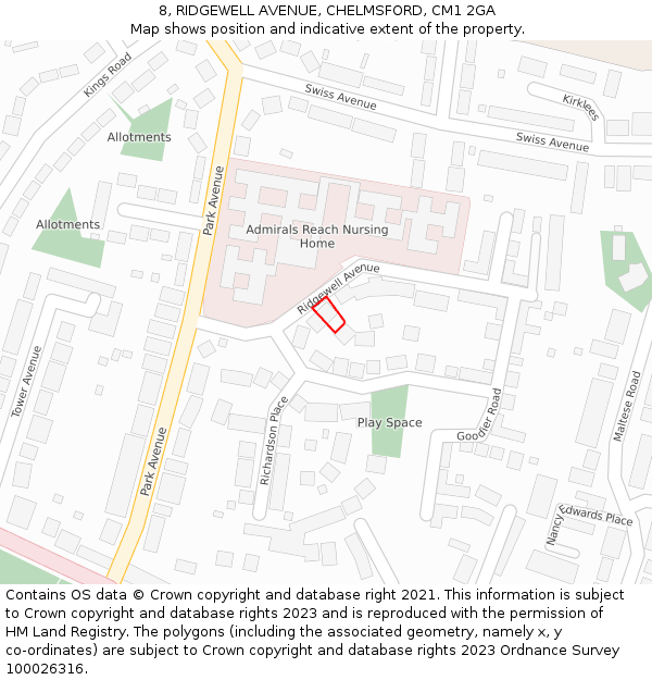 8, RIDGEWELL AVENUE, CHELMSFORD, CM1 2GA: Location map and indicative extent of plot