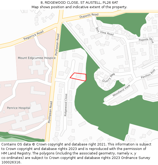 8, RIDGEWOOD CLOSE, ST AUSTELL, PL26 6AT: Location map and indicative extent of plot