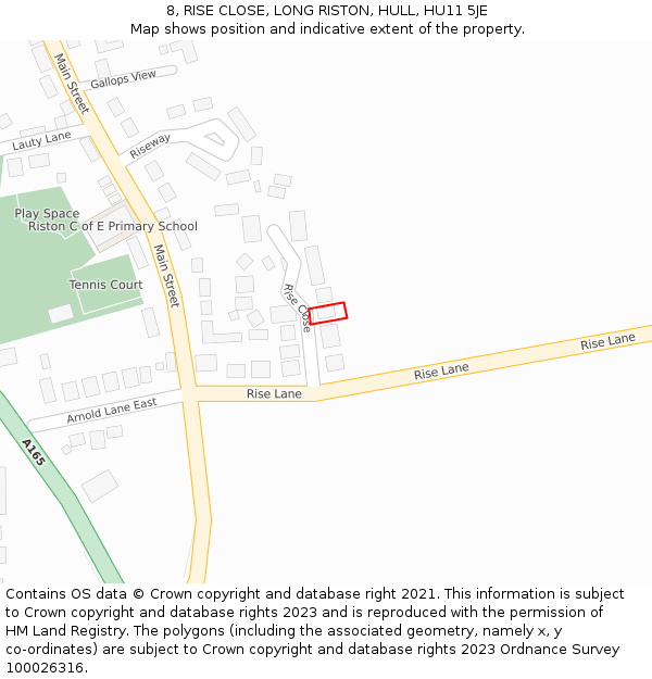 8, RISE CLOSE, LONG RISTON, HULL, HU11 5JE: Location map and indicative extent of plot