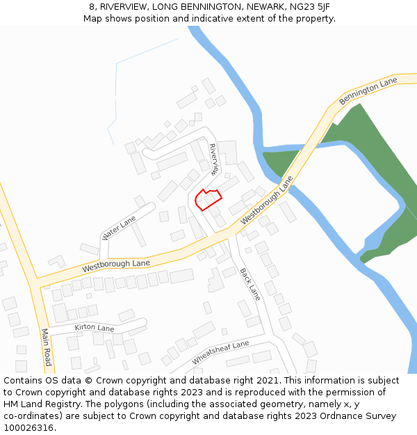 8, RIVERVIEW, LONG BENNINGTON, NEWARK, NG23 5JF: Location map and indicative extent of plot