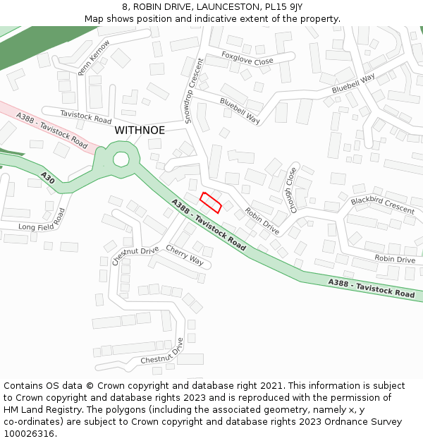 8, ROBIN DRIVE, LAUNCESTON, PL15 9JY: Location map and indicative extent of plot