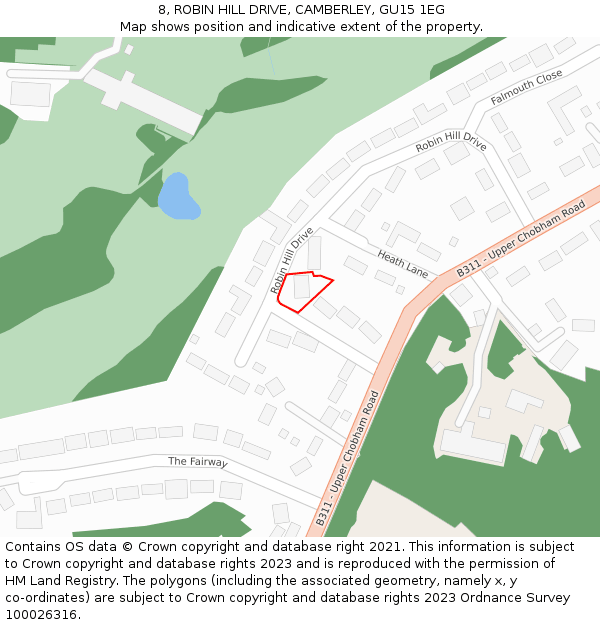8, ROBIN HILL DRIVE, CAMBERLEY, GU15 1EG: Location map and indicative extent of plot