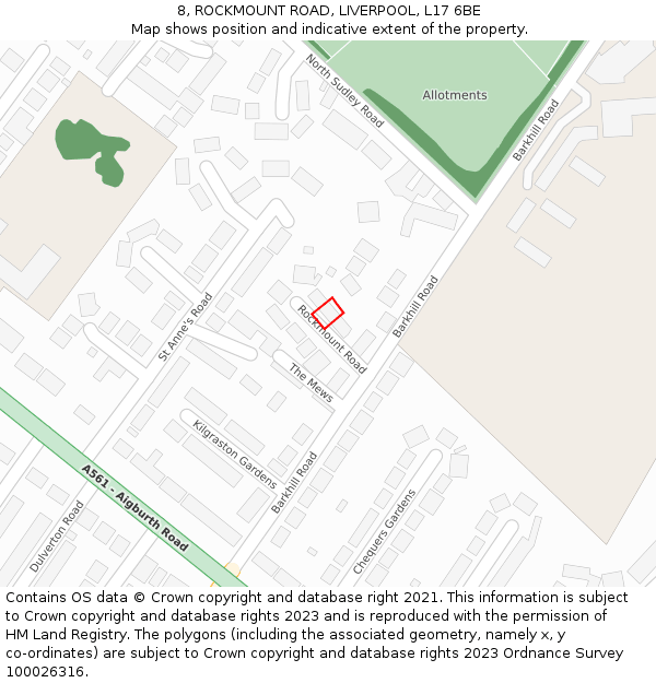 8, ROCKMOUNT ROAD, LIVERPOOL, L17 6BE: Location map and indicative extent of plot