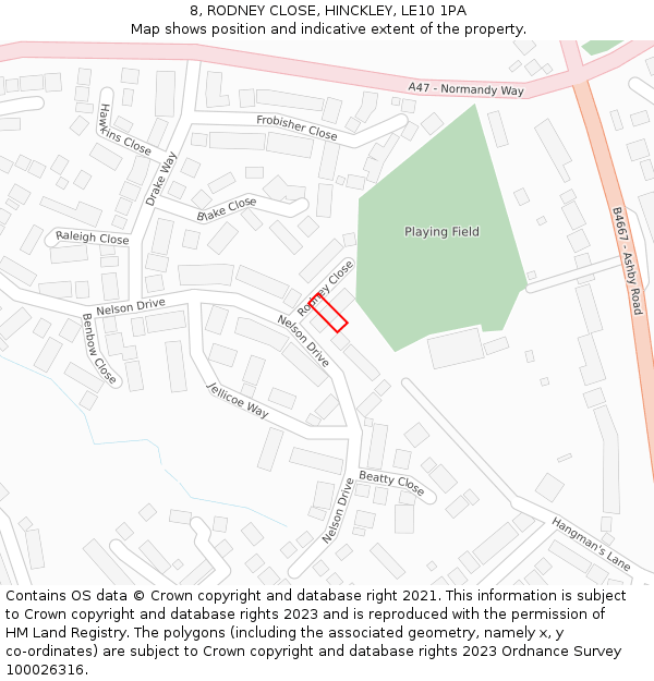 8, RODNEY CLOSE, HINCKLEY, LE10 1PA: Location map and indicative extent of plot