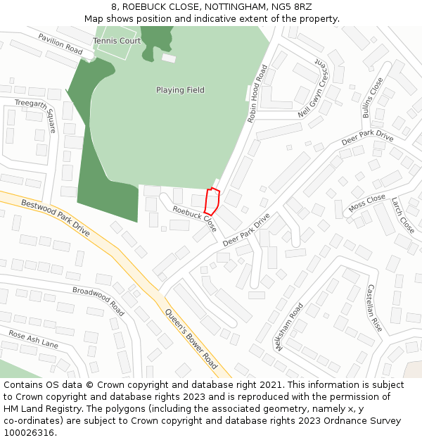 8, ROEBUCK CLOSE, NOTTINGHAM, NG5 8RZ: Location map and indicative extent of plot