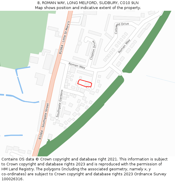 8, ROMAN WAY, LONG MELFORD, SUDBURY, CO10 9LN: Location map and indicative extent of plot