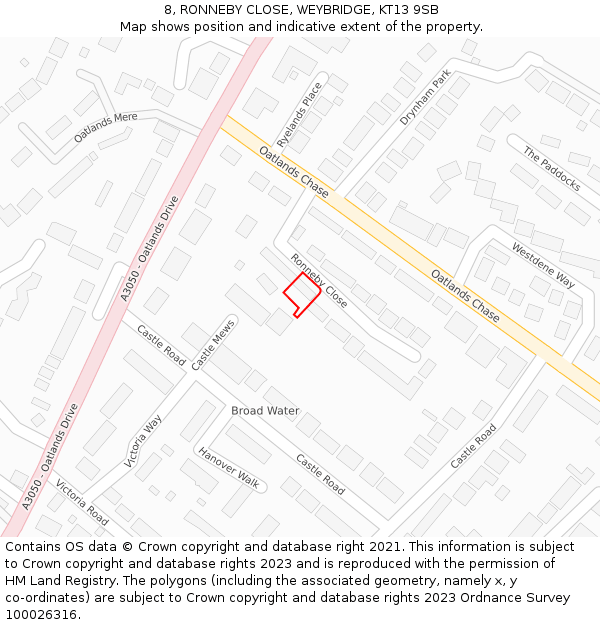 8, RONNEBY CLOSE, WEYBRIDGE, KT13 9SB: Location map and indicative extent of plot
