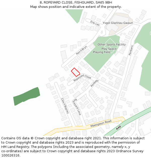 8, ROPEYARD CLOSE, FISHGUARD, SA65 9BH: Location map and indicative extent of plot