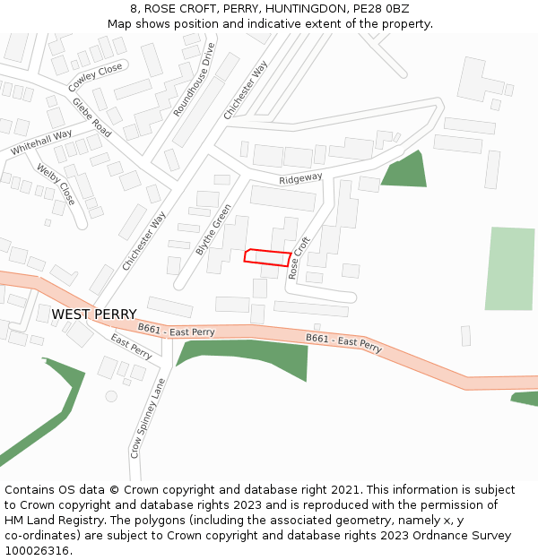 8, ROSE CROFT, PERRY, HUNTINGDON, PE28 0BZ: Location map and indicative extent of plot