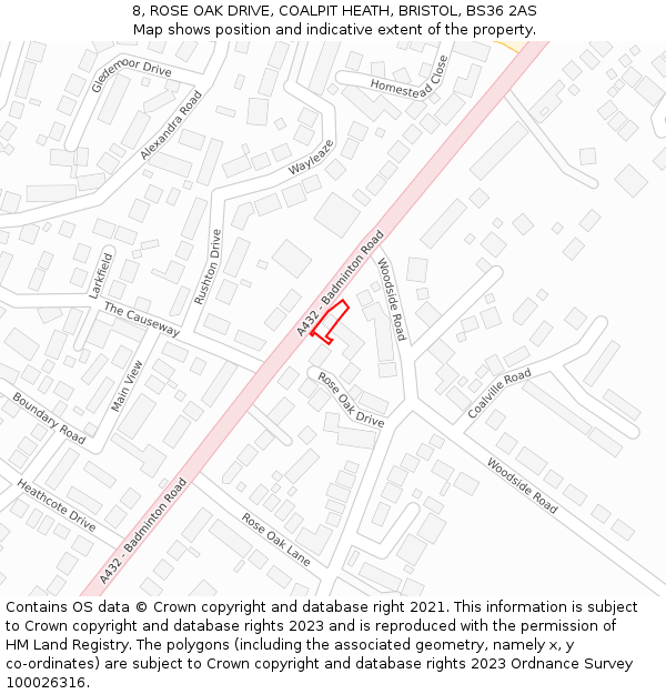 8, ROSE OAK DRIVE, COALPIT HEATH, BRISTOL, BS36 2AS: Location map and indicative extent of plot