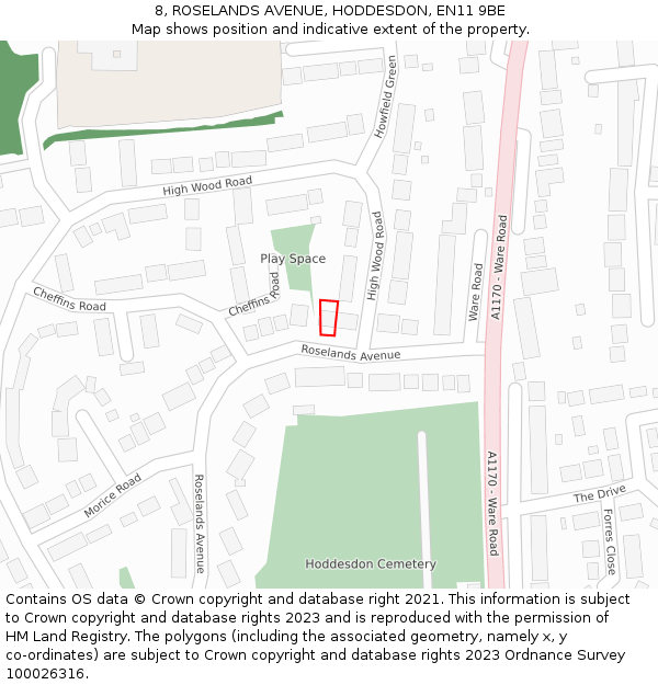 8, ROSELANDS AVENUE, HODDESDON, EN11 9BE: Location map and indicative extent of plot