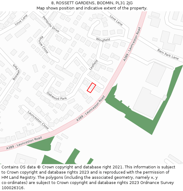 8, ROSSETT GARDENS, BODMIN, PL31 2JG: Location map and indicative extent of plot