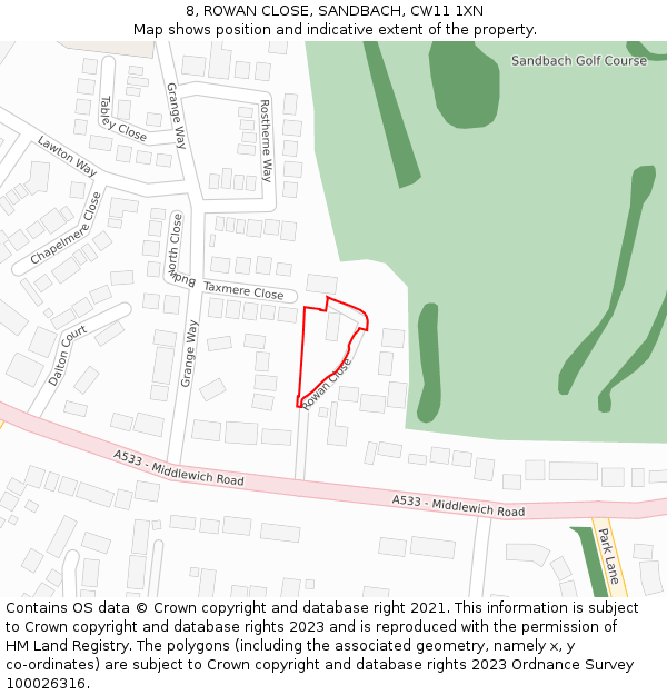 8, ROWAN CLOSE, SANDBACH, CW11 1XN: Location map and indicative extent of plot