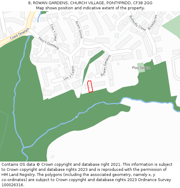 8, ROWAN GARDENS, CHURCH VILLAGE, PONTYPRIDD, CF38 2GG: Location map and indicative extent of plot