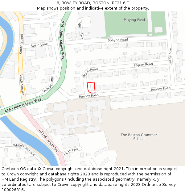 8, ROWLEY ROAD, BOSTON, PE21 6JE: Location map and indicative extent of plot