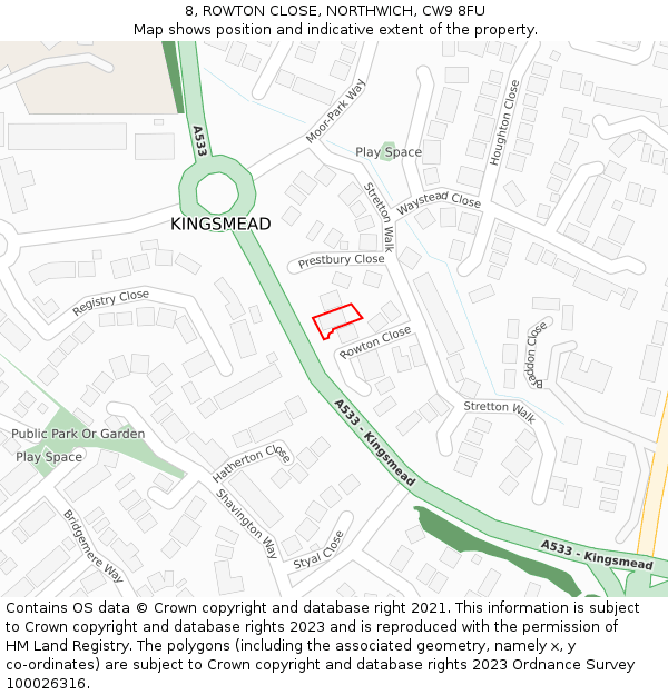 8, ROWTON CLOSE, NORTHWICH, CW9 8FU: Location map and indicative extent of plot