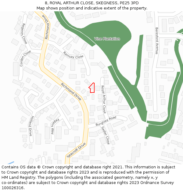 8, ROYAL ARTHUR CLOSE, SKEGNESS, PE25 3PD: Location map and indicative extent of plot