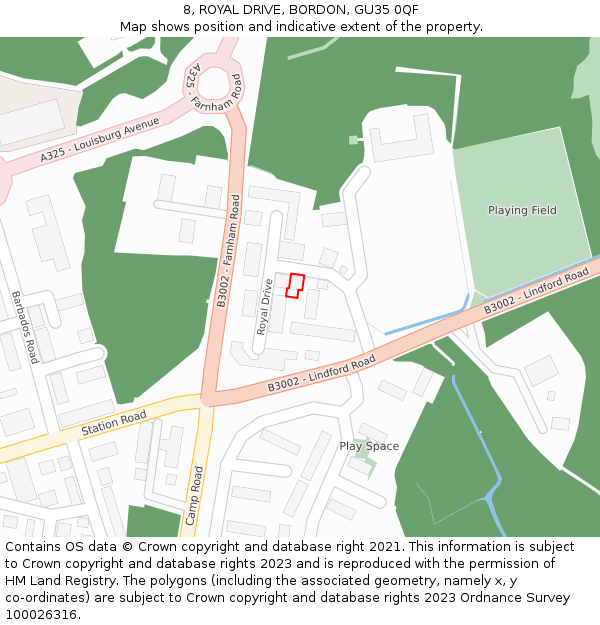 8, ROYAL DRIVE, BORDON, GU35 0QF: Location map and indicative extent of plot