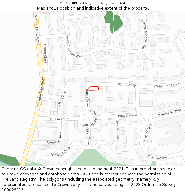 8, RUBIN DRIVE, CREWE, CW1 3GF: Location map and indicative extent of plot