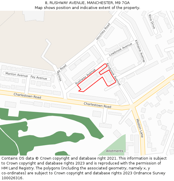 8, RUSHWAY AVENUE, MANCHESTER, M9 7GA: Location map and indicative extent of plot