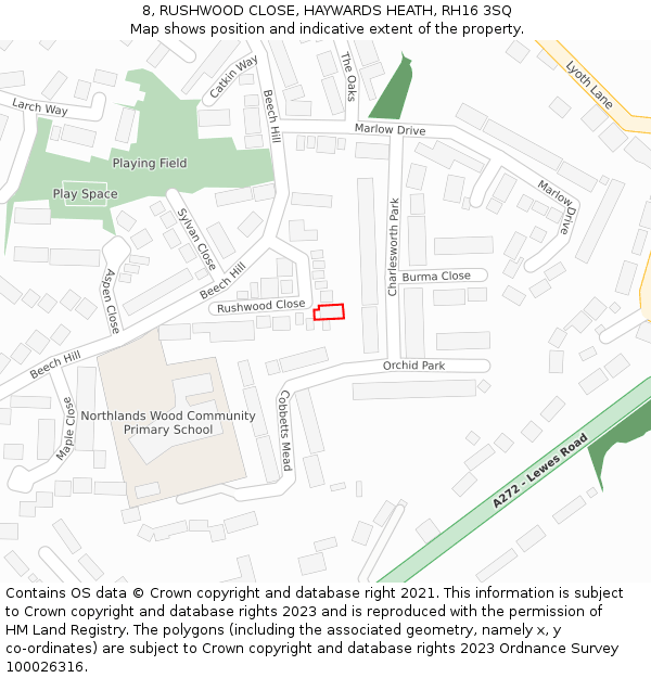 8, RUSHWOOD CLOSE, HAYWARDS HEATH, RH16 3SQ: Location map and indicative extent of plot