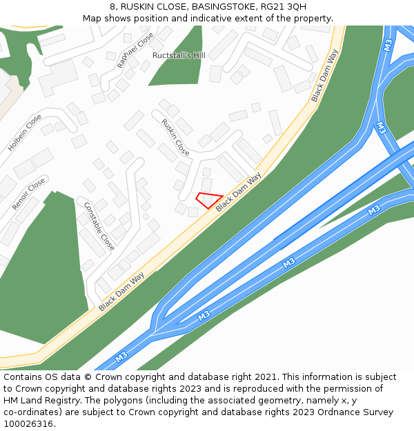 8, RUSKIN CLOSE, BASINGSTOKE, RG21 3QH: Location map and indicative extent of plot