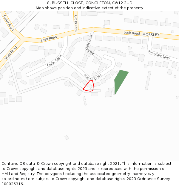 8, RUSSELL CLOSE, CONGLETON, CW12 3UD: Location map and indicative extent of plot
