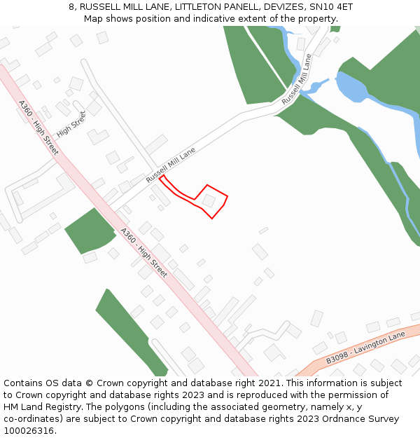 8, RUSSELL MILL LANE, LITTLETON PANELL, DEVIZES, SN10 4ET: Location map and indicative extent of plot