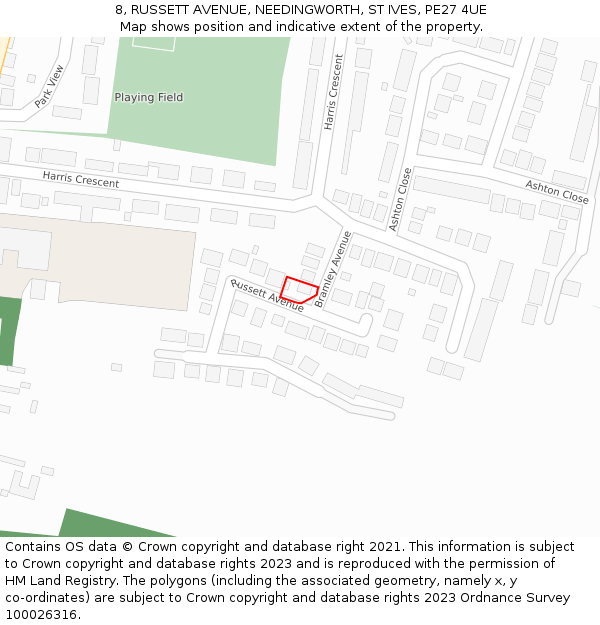 8, RUSSETT AVENUE, NEEDINGWORTH, ST IVES, PE27 4UE: Location map and indicative extent of plot